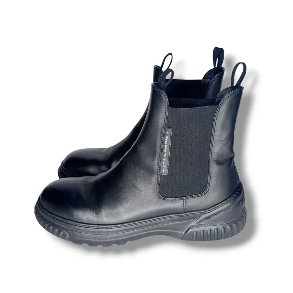 Dior D-Racer Chelsea Ankle Boots in Black Calfskin Leather Lug Sole Logo Size 42